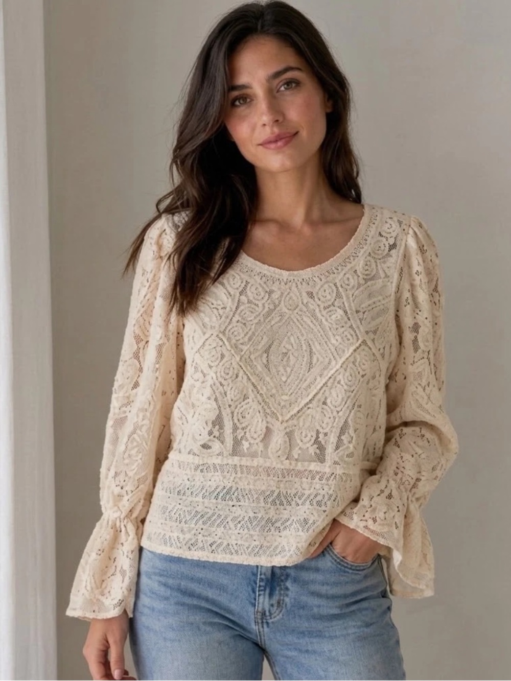 Ultra Pink Crochet Lace Boho Blouse Large Bell Long Sleeve Cream Puff Shoulders